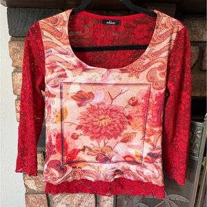 Vintage Edúce Y2K Red Graphic Mesh Top - Double Layered Front - Full Lace Back